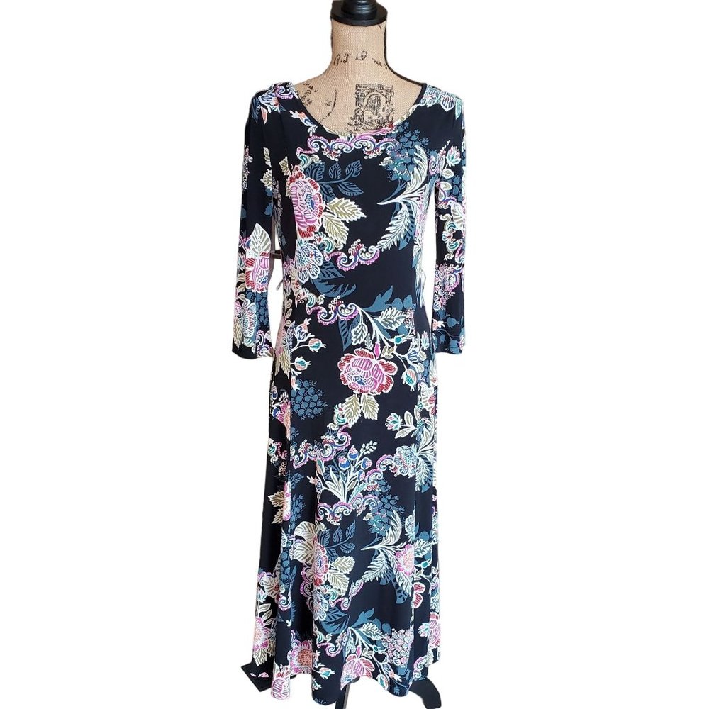 Investments Black Midi Floral Dress Womens Small